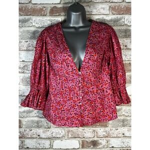 Free People Printed Top in Party Button down floral blouse sz M Boho Hobo Cotton